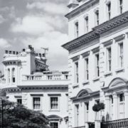 A black and white image of a series of properties in central London.
