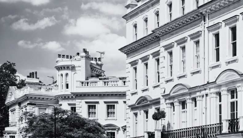 A black and white image of a series of properties in central London.