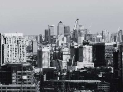 This image has a functional purpose showcasing a black and white image of a London property scene.