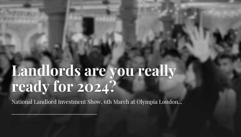 A black and white image of an audience with the text National Landlord Investment Show, 6th March at Olympia London...