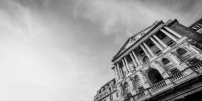 A black and white image of the Bank of England