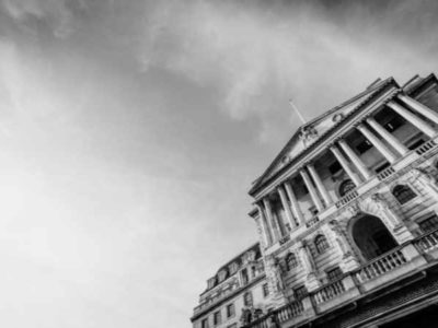 A black and white image of the Bank of England