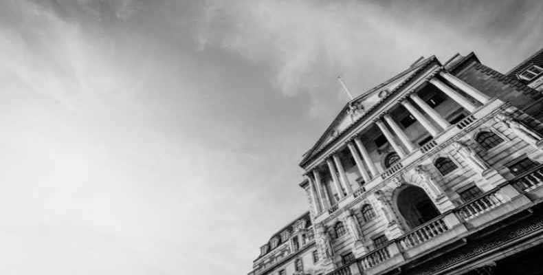 A black and white image of the Bank of England