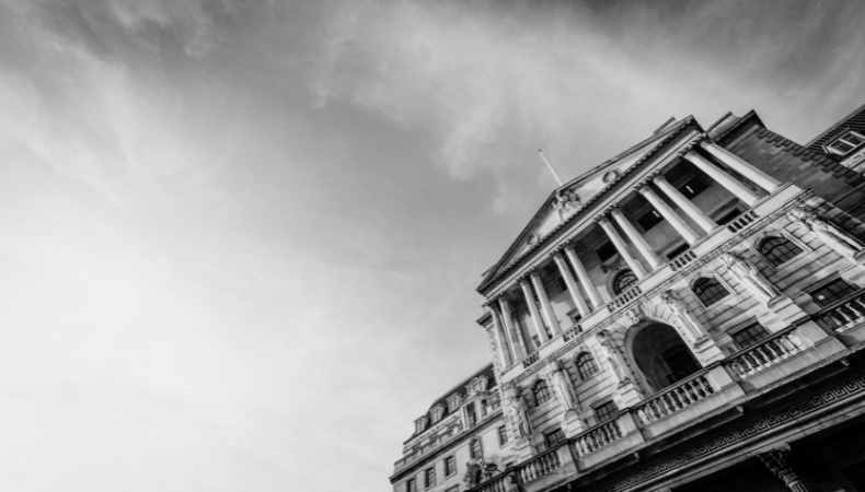 A black and white image of the Bank of England