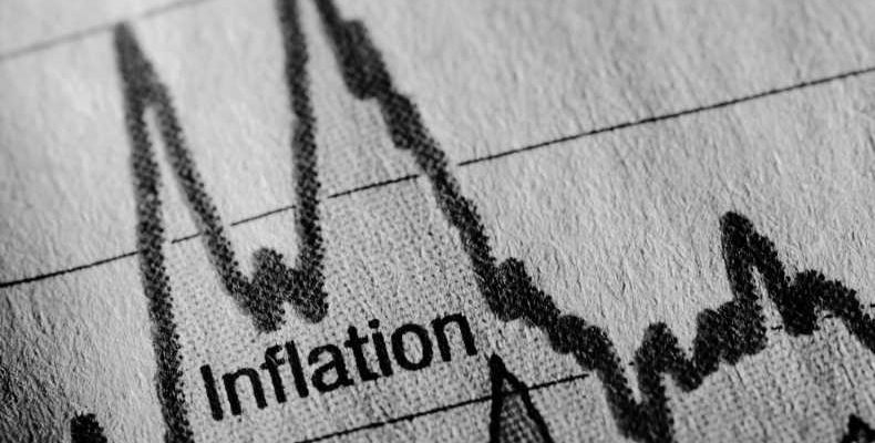 A black and white image of a graph that shows the rise and fall of inflation