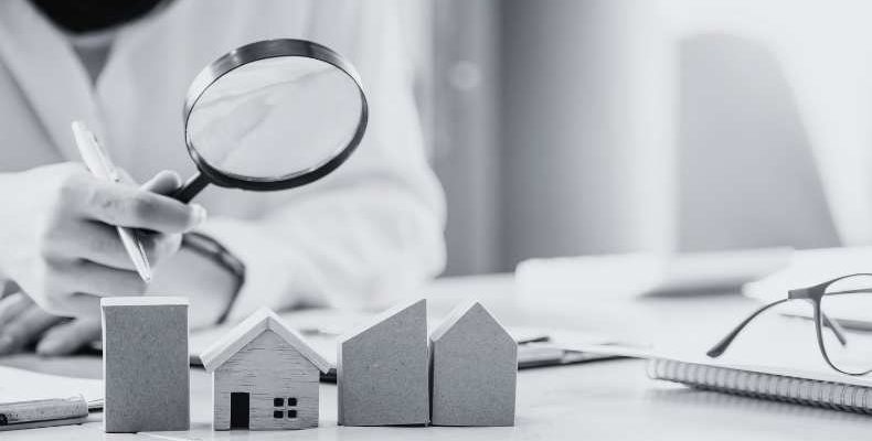 A black and white image of a person holding a magnifying glass looking over a number of miniature sized properties placed on a table.