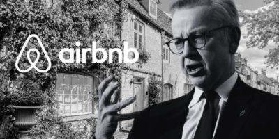 A black and white image of a air bnb property in stow-on-the-wold with Michael Gove overlaid