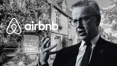 A black and white image of a air bnb property in stow-on-the-wold with Michael Gove overlaid