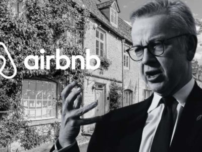 A black and white image of a air bnb property in stow-on-the-wold with Michael Gove overlaid