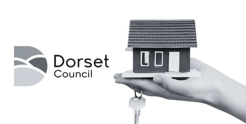 Image shows the Dorset Council Logo alongside a small miniature property held in a hand with a set of keys.