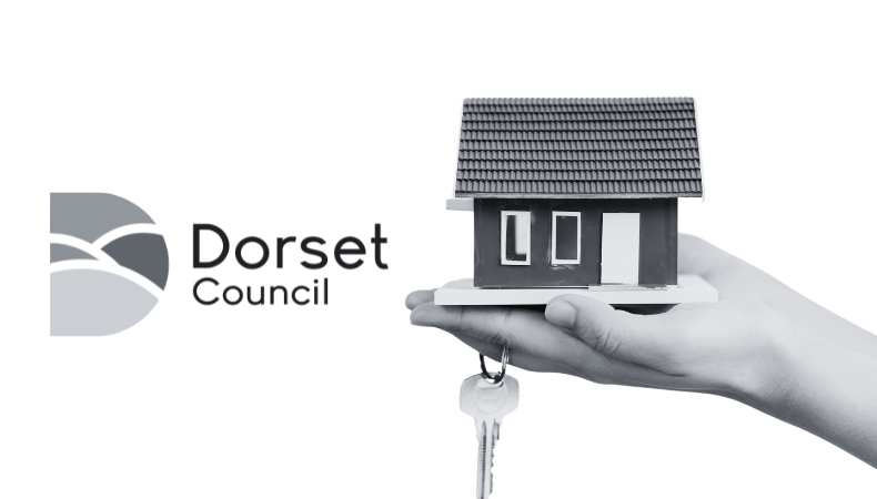 Image shows the Dorset Council Logo alongside a small miniature property held in a hand with a set of keys.