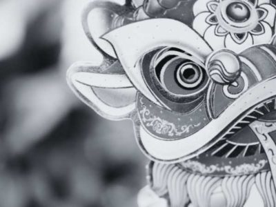 A black and white image of a picture of a dragon