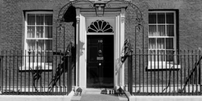 Number 10 Downing Street in black and white