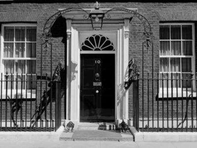 Number 10 Downing Street in black and white