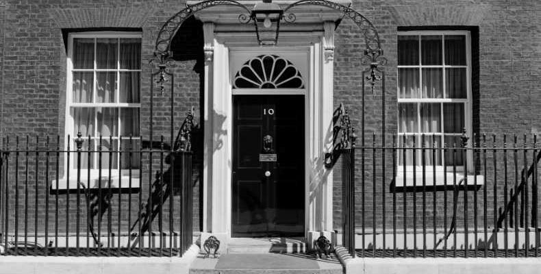 Number 10 Downing Street in black and white