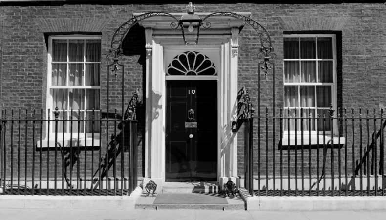 Number 10 Downing Street in black and white