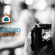 A black and white image of filming taking place with the National Landlord Investment Show logo.