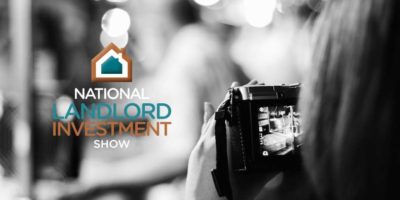 A black and white image of filming taking place with the National Landlord Investment Show logo.