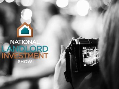 A black and white image of filming taking place with the National Landlord Investment Show logo.