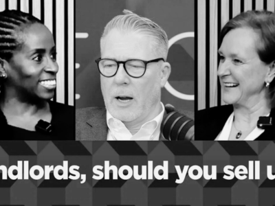 Picture of 3 people. One woman to the left, a man with glasses centre and a woman on the right. The wording "Landlords, should you sell up"? sits below the people