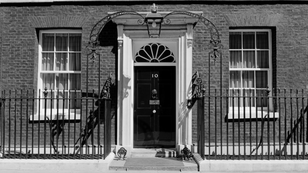 Black and white image of Downing Street