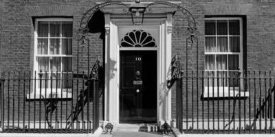 Black and white image of Downing Street
