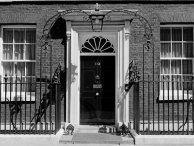 Black and white image of Downing Street