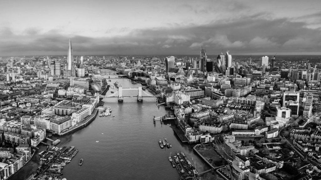 Black and white Birds Eye image of London and river thames.