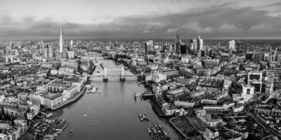 Black and white Birds Eye image of London and river thames.