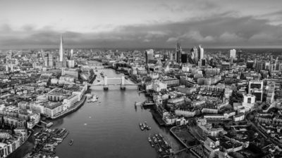 Black and white Birds Eye image of London and river thames.