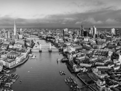 Black and white Birds Eye image of London and river thames.