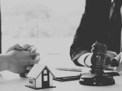 Black and white image of auction hammer and house.