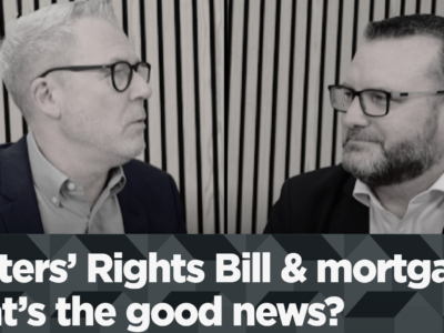 Black and white image of two men with glasses with the text Renter's Rights Bill & mortgages: What's the good news at the bottom of the screen