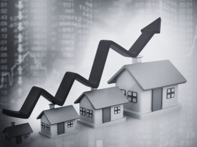Data chart growth with houses in black and white