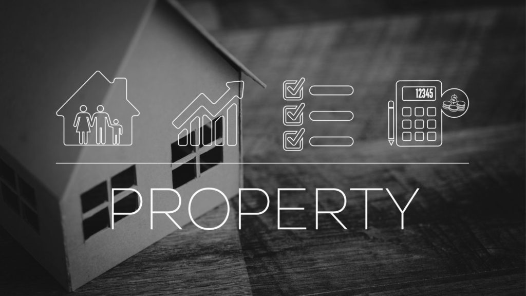 Black and white image of graphic with house and the word property