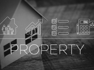 Black and white image of graphic with house and the word property