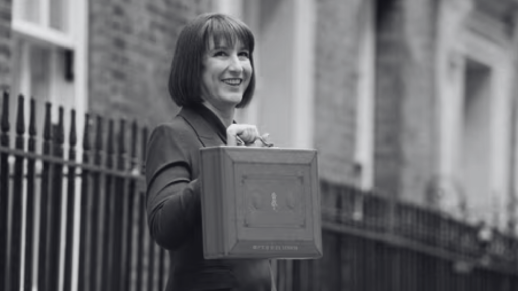Black and white image of Rachel Reeves outside 10 downlinng street for the 2025 spring statement review