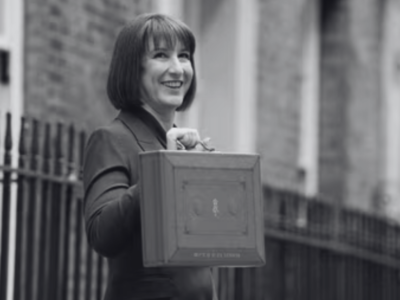 Black and white image of Rachel Reeves outside 10 downlinng street for the 2025 spring statement review