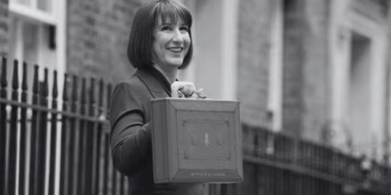 Black and white image of Rachel Reeves outside 10 downlinng street for the 2025 spring statement review