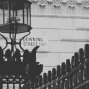 Black and white picture of Downign Street sign