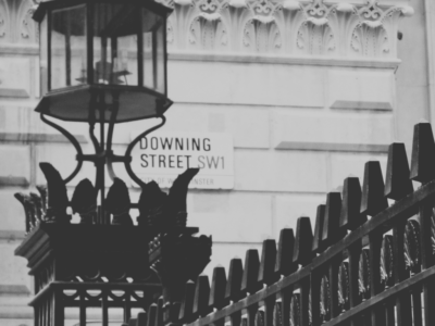 Black and white picture of Downign Street sign