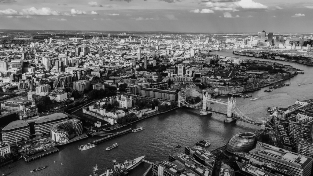 London birds eye view of towe bridge in black and white