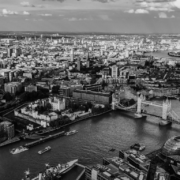 London birds eye view of towe bridge in black and white