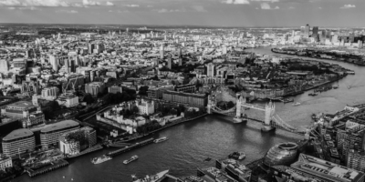 London birds eye view of towe bridge in black and white