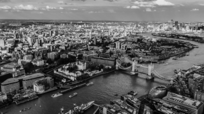 London birds eye view of towe bridge in black and white