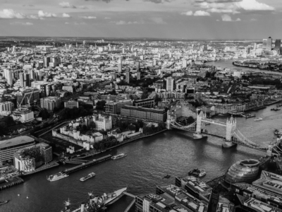 London birds eye view of towe bridge in black and white