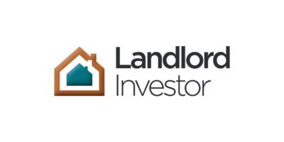 Landlord Invetsor text in black and white with a yellow & blue house