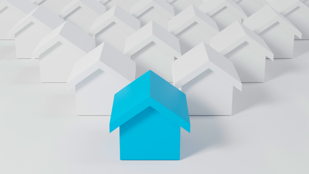 Row of digital houses with blue house leading