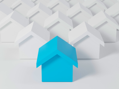 Row of digital houses with blue house leading