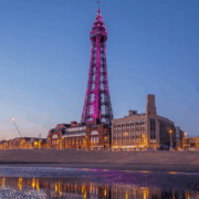 Blackpool tower in the evening lit up.